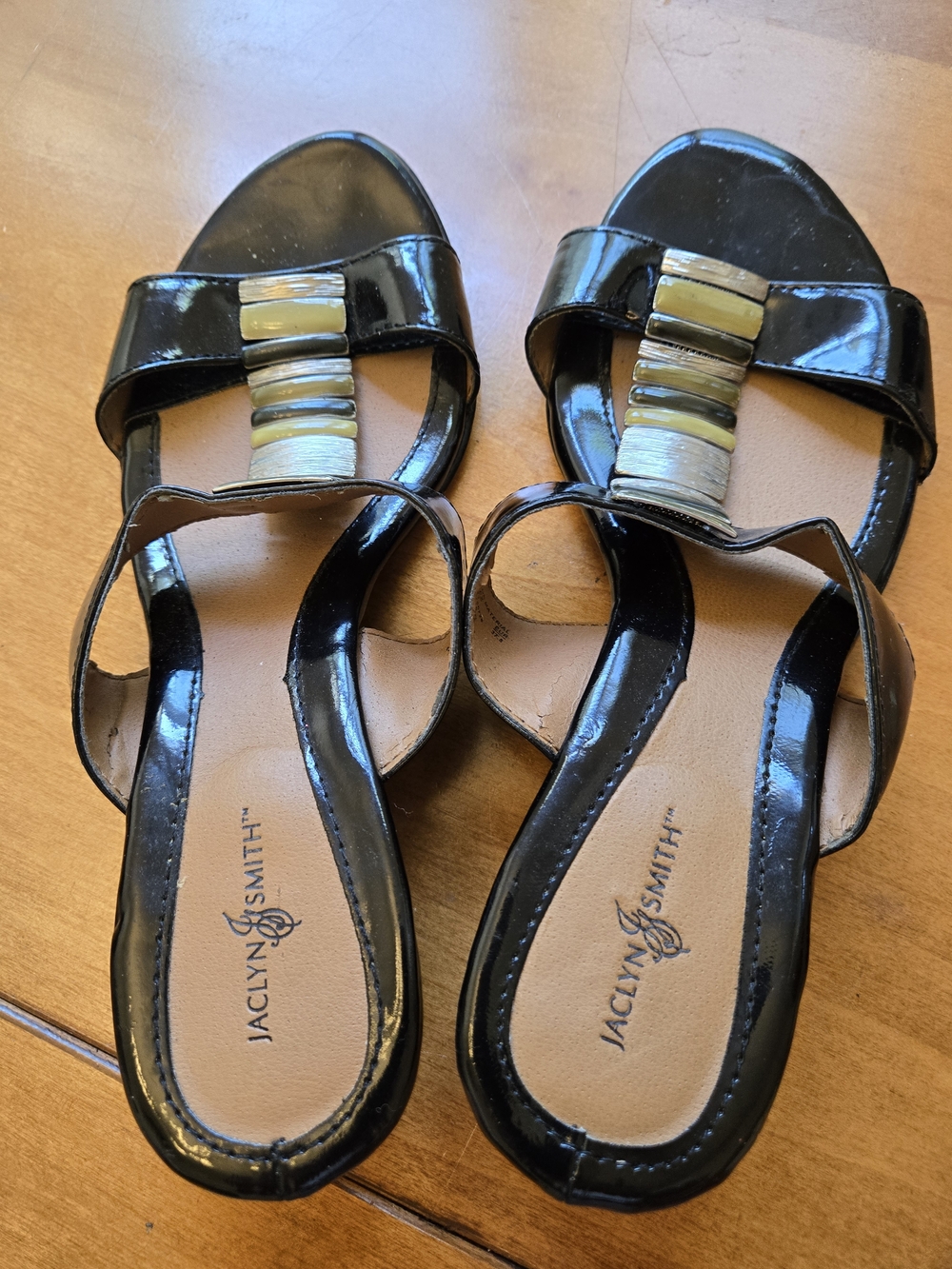 Jaclyn Smith Black Patent Slide Sandals with Metallic Accent